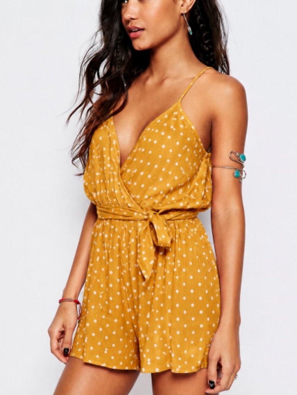 ASOS Yellow and White Polka Dot Tie Waist Romper